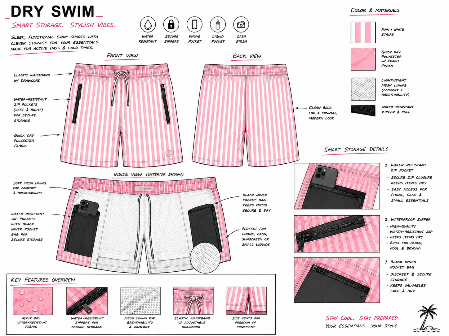 Entwurf einer pink-weiss gestreiften Badehose mit wasserfesten Reissverschlusstaschen